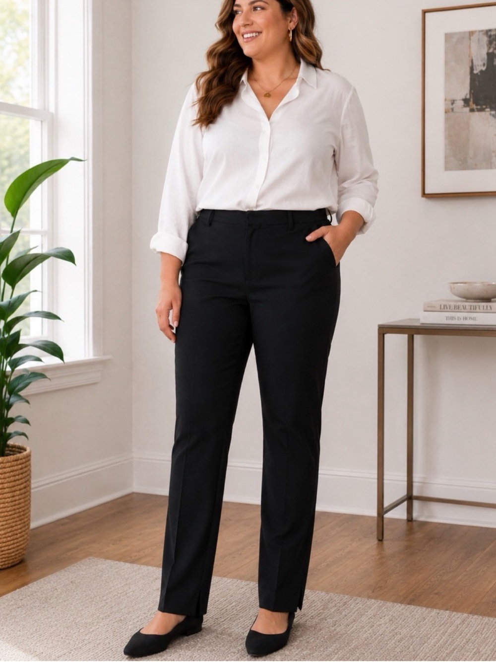 Boden Black Straight Leg Pants Women’s US 14R Side Slit Stretch Trouser